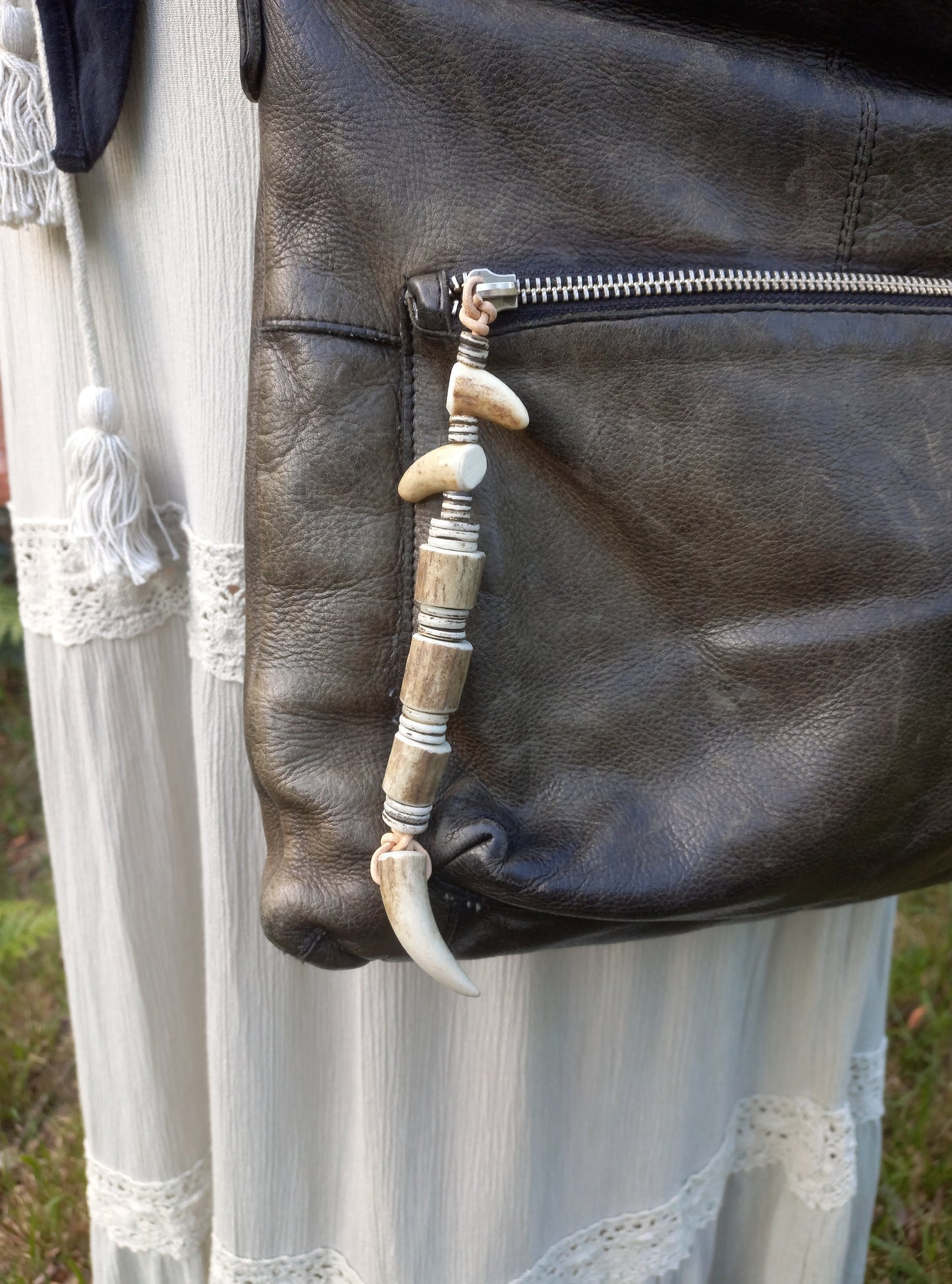 Grey Full Grain Leather Handbag with Roe Deer Antler Accessories